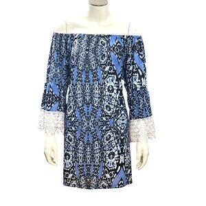 CCC Blue Black Print Off Shoulder Tunic Dress Lace Bell Sleeves Boho Style XLarg